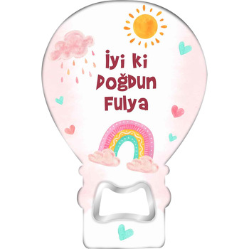 Güneş ile Soft Pembe Yağmur Bulutu Temalı Balon Ahşap Magnet 