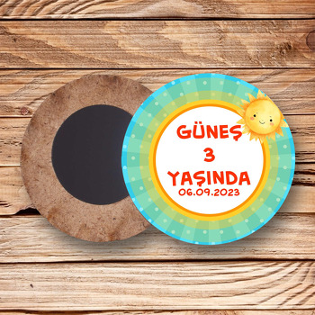 Güneş Mavi Fon Temalı Daire Ahşap Magnet