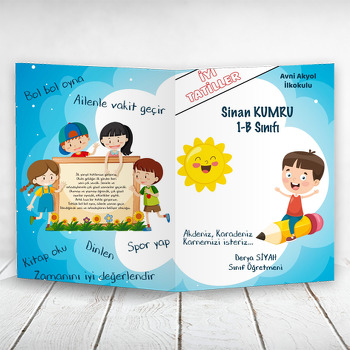 Güneş ve Kitaplı Erkek Öğrenci Temalı Okul Karne Kılıfı
