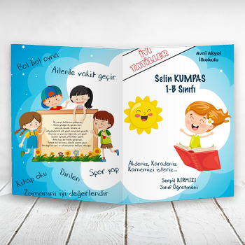 Güneş ve Kitaplı Kız Öğrenci Temalı Okul Karne Kılıfı