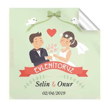 Güvercin Desenli Evleniyoruz Temalı Kare Etiket