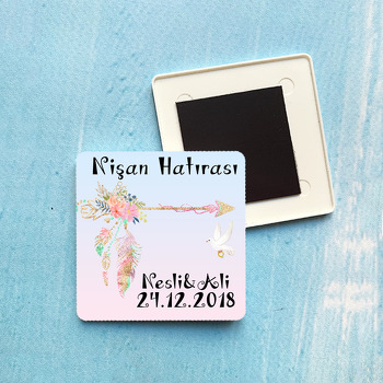 Güvercin ve Çiçek Temalı Söz Nişan Plastik Kare Magnet