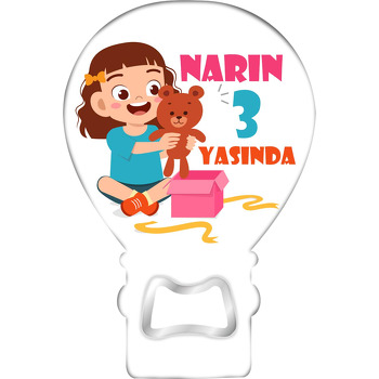 Hediye Paketinde Ayıcık ile Kız Çocuk Temalı Balon Ahşap Magnet 