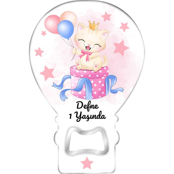 Hediye Paketinde Kedi ile Yıldızlar Temalı Balon Ahşap Magnet 