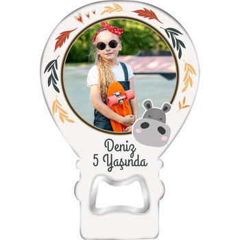 Hipopotam ile Sonbahar Yaprakları Temalı Balon Ahşap Magnet 