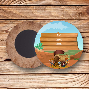 Hızlı Kovboy Temalı Ahşap Daire Magnet
