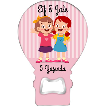 İki Kız Kardeş ile Pembe Çizgili Fon Temalı Balon Ahşap Magnet 