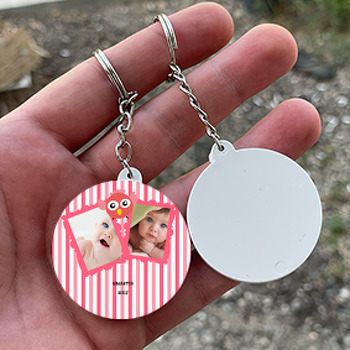 İki Resimli Pembe Baykuş Temalı Daire Plastik Anahtarlık