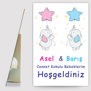 İkiz bebek Fil Temalı Ayaklı Ahşap Pano
