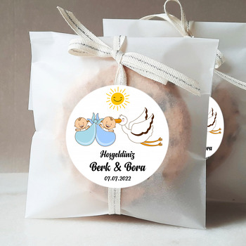 İkiz Erkek Bebek ile Leylek Temalı Sticker