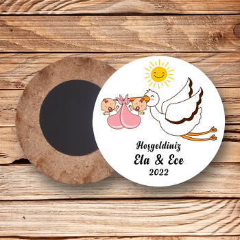 İkiz Kız Bebek ve Leylek Temalı Daire Ahşap Magnet
