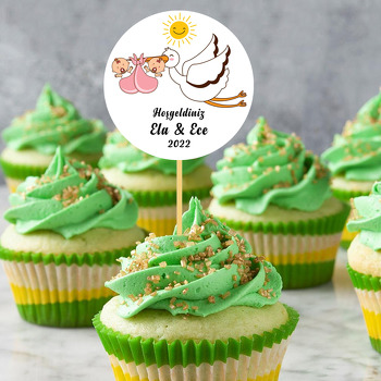 İkiz Kız Bebek ve Leylek Temalı Parti Kürdan Süs