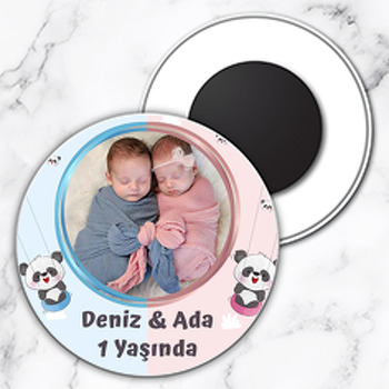 İkiz Panda Temalı Daire Plastik Magnet