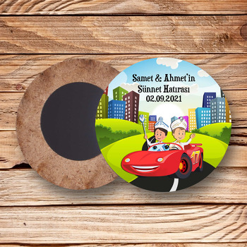 İkiz Sünnet Çocukları ile Araba Temalı Daire Ahşap Magnet