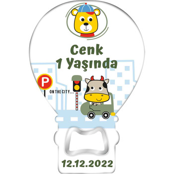 İnek ile Ayıcık Trafikte Temalı Balon Ahşap Magnet 