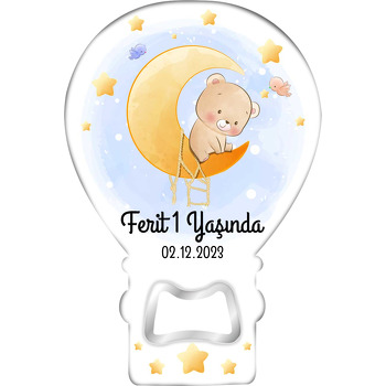 İp Askılı Ayda Oturan Ayıcık Temalı Balon Ahşap Magnet 