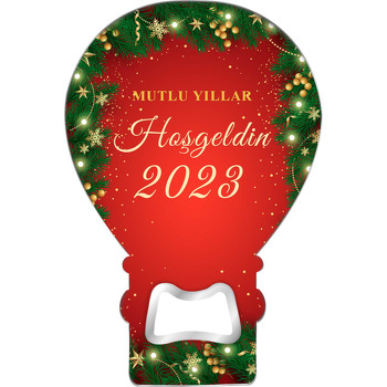 Işıklı Yılbaşı Ağaç Dalları Kırmızı Fon Temalı Balon Ahşap Magnet 