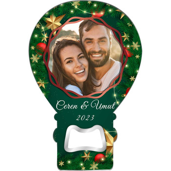 Işıklı Yılbaşı Ağaç Dalları Yeşil Fon Temalı Balon Ahşap Magnet 