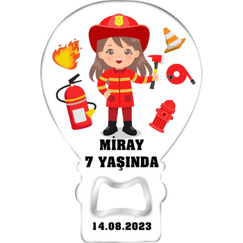İtfaiyeci Kız ile Ekipmanları Temalı Balon Ahşap Magnet 