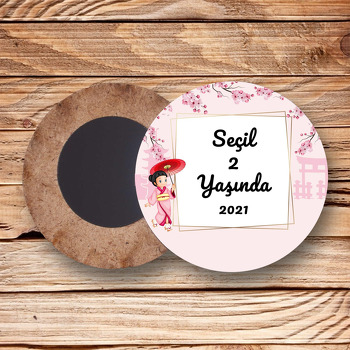 Japon Sakura Çiçekleri Temalı Daire Ahşap Magnet