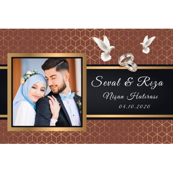 Kahverengi Fonda Geometrik Altın Desen ve Güvercin Temalı Resimli Söz Nişan Nikah Magnet