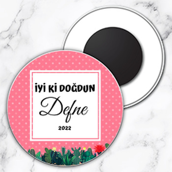 Kaktüs ile Pembe Puantiye Fon Temalı Daire Plastik Magnet
