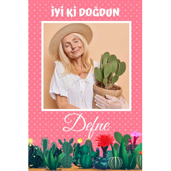 Kaktüs ile Pembe Puantiye Fon Temalı Doğum Günü Magnet