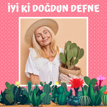 Kaktüs ile Pembe Puantiye Fon Temalı Resimli Kare Doğum Günü Parti Afiş