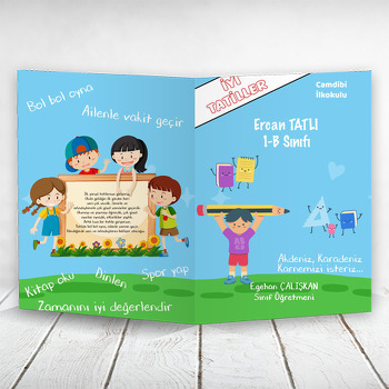 Kalem Defter Kitap ile Sevimli Öğrenci Temalı Okul Karne Kılıfı