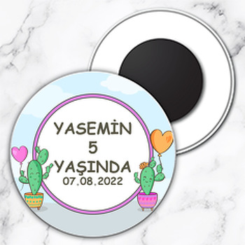 Kalp Balonlu Kaktüsler Temalı Daire Plastik Magnet