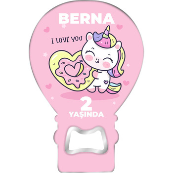 Kalp Donut ile Unicorn Temalı Balon Ahşap Magnet 