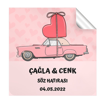 Kalpli Pembe Araba Temalı Kare Etiket