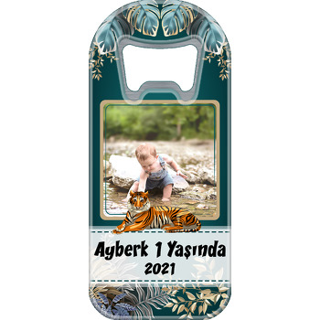 Kaplan ve Gold Çizgili Yapraklar Yeşil Fon Temalı Uzun Magnet Açacak