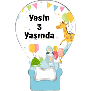 Kaplumbağa Tembel Hayvan ile Zürafa ve Balon Temalı Balon Ahşap Magnet 