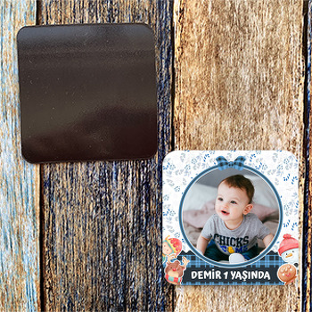 Kardan Adam ile Mavi Yılbaşı Temalı Kare Magnet