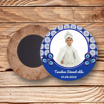 Kare Çini Desen ile Nazarlıklı Sünnet Temalı Daire Ahşap Magnet