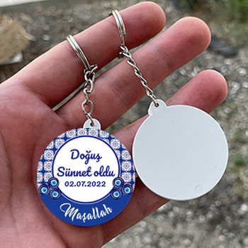 Kare Çini Desen ile Nazarlıklı Sünnet Temalı Daire Plastik Anahtarlık