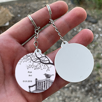 Karikatür Kuş ve Ağaç Temalı Söz Nişan Nikah Daire Plastik Anahtarlık