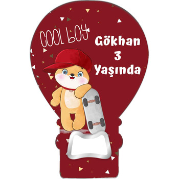 Kaykaylı Ayıcık Bordo Fon Temalı Balon Ahşap Magnet 