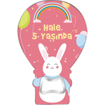 Kazaklı Tavşan ile Gökkuşağı Temalı Balon Ahşap Magnet 
