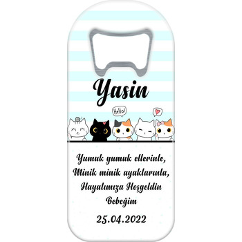 Kedicikler ile Mavi Çizgili Fon Temalı Uzun Magnet Açacak