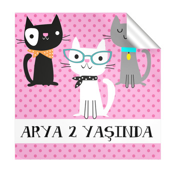 Kediler Temalı Doğum Günü Kare Etiket
