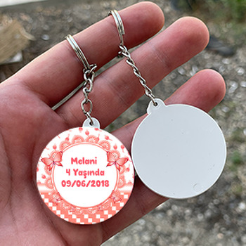  Kelebek Ve Nar Çiçeği Kırmızısı Temalı Daire Plastik Anahtarlık