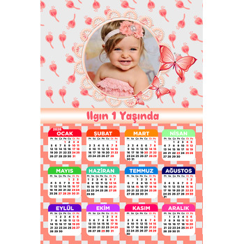 Kelebek Ve Nar Çiçeği Kırmızısı  Temalı Takvim Magnet