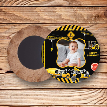 Kepçe ile Dozer İş Makineleri Temalı Resimli Daire Ahşap Magnet