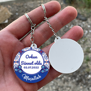 Kırmızı Beyaz Mavi Çini Desen ile Nazarlıklı Sünnet Temalı Daire Plastik Anahtarlık