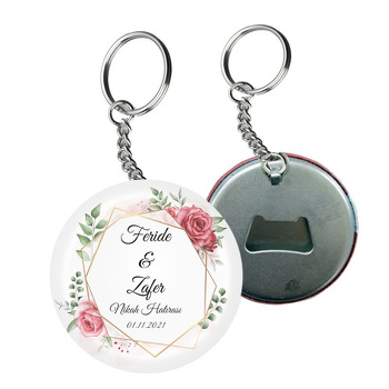 Kırmızı Güller ile Gold Geometrik Çerçeve Temalı Arkası Açacak Anahtarlık