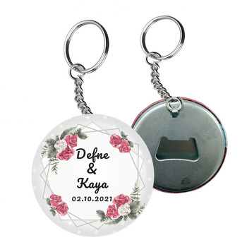 Kırmızı Güller ile Gümüş Geometrik Çerçeve Temalı Arkası Açacak Anahtarlık