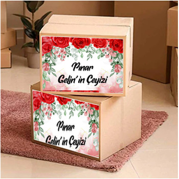 Kırmızı Güller ile Yeşil Yapraklar Temalı Çeyiz Kolisi Sticker