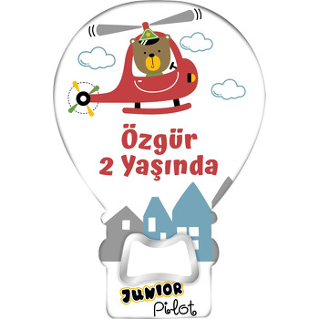 Kırmızı Helikopter ile Ayıcık Temalı Balon Ahşap Magnet 